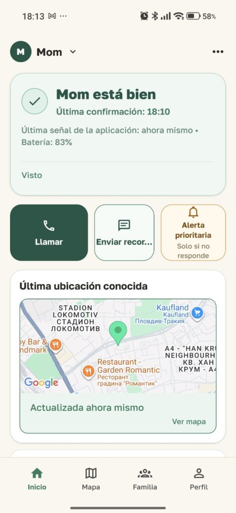 La vista familiar muestra el estado «Bien», la última ubicación disponible y la batería