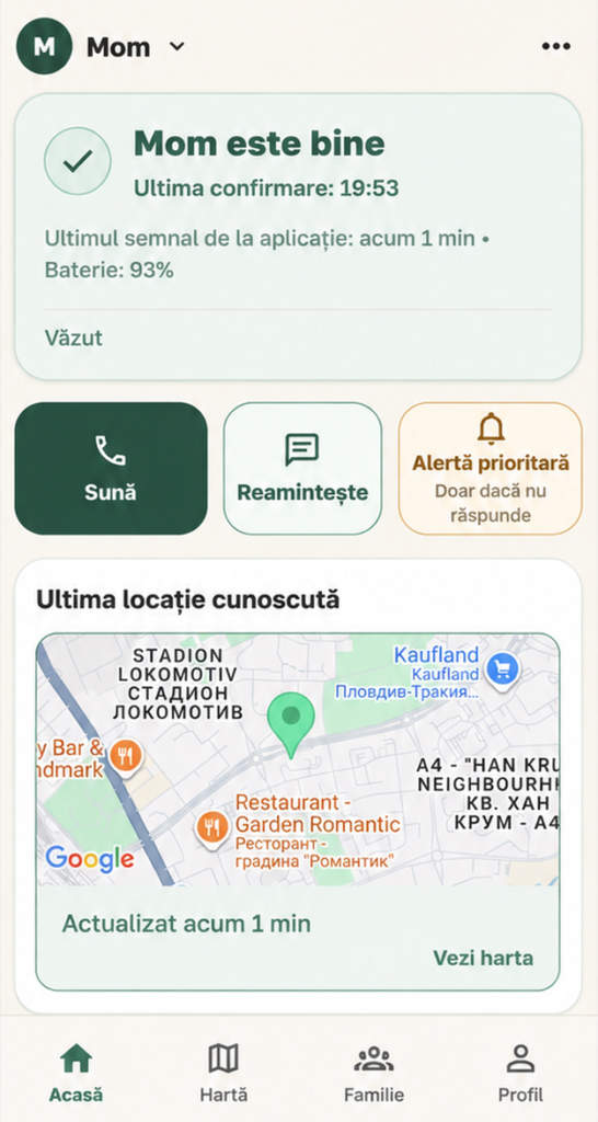 Vizualizarea pentru familie arată statusul „Bine”, ultima locație cunoscută și bateria
